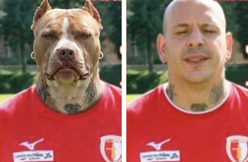 A sinistra, Michael Braccini come ce lo siamo figurati leggendo le sue parole, autentiche e magnifiche: un molosso in maglia rossa, orecchini e sguardo di chi non arretra, disegnato con l'intelligenza artificiale. A destra, l'originale. Chi è salito in area con lui giura che la somiglianza c'è.