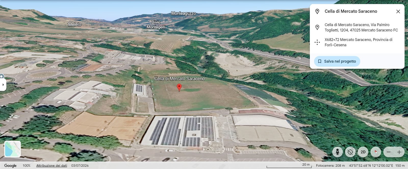 Il campo nel fondovalle di Mercato Saraceno; verso monte Google Earth segna Meleto, Bivio Montegelli e Monteaguzzo.