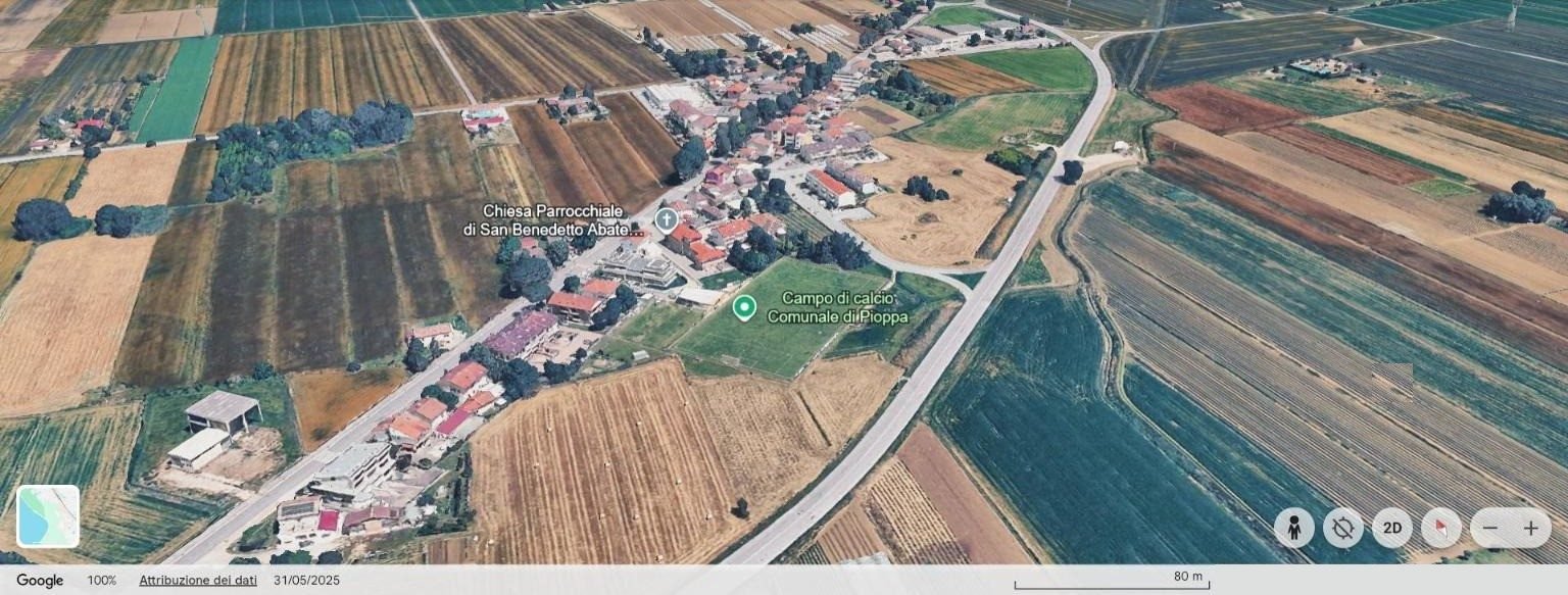 Il campo di Pioppa, in pianura a nord-est di Cesena: qui il Ranchio gioca quasi tutte le gare in casa del 2026/27. Il paese, Ranchio, sta a 333 metri, in collina.