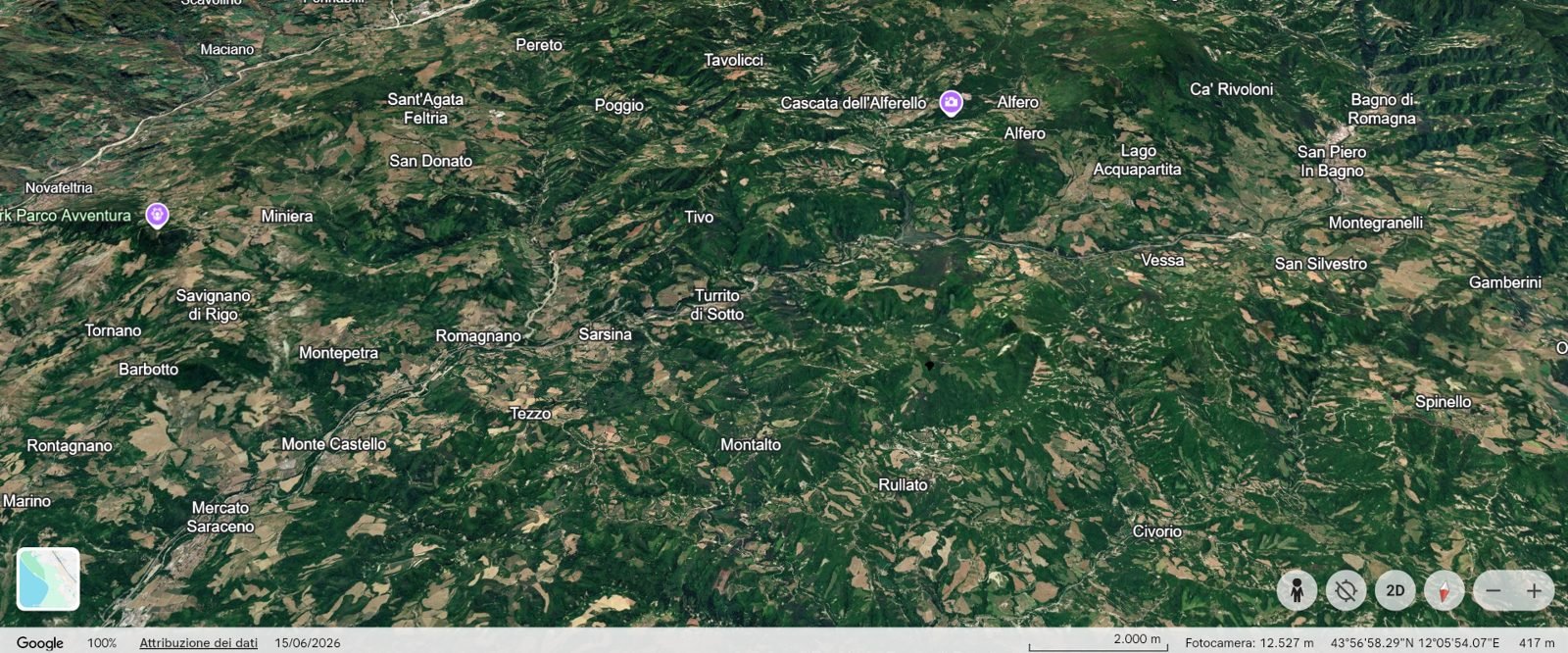 La Valle del Savio vista da Google Earth, da Mercato Saraceno e Sarsina su fino ad Alfero, San Piero in Bagno e Bagno di Romagna. La sesta squadra viene da questa vallata: da quale paese, lo diciamo stasera.