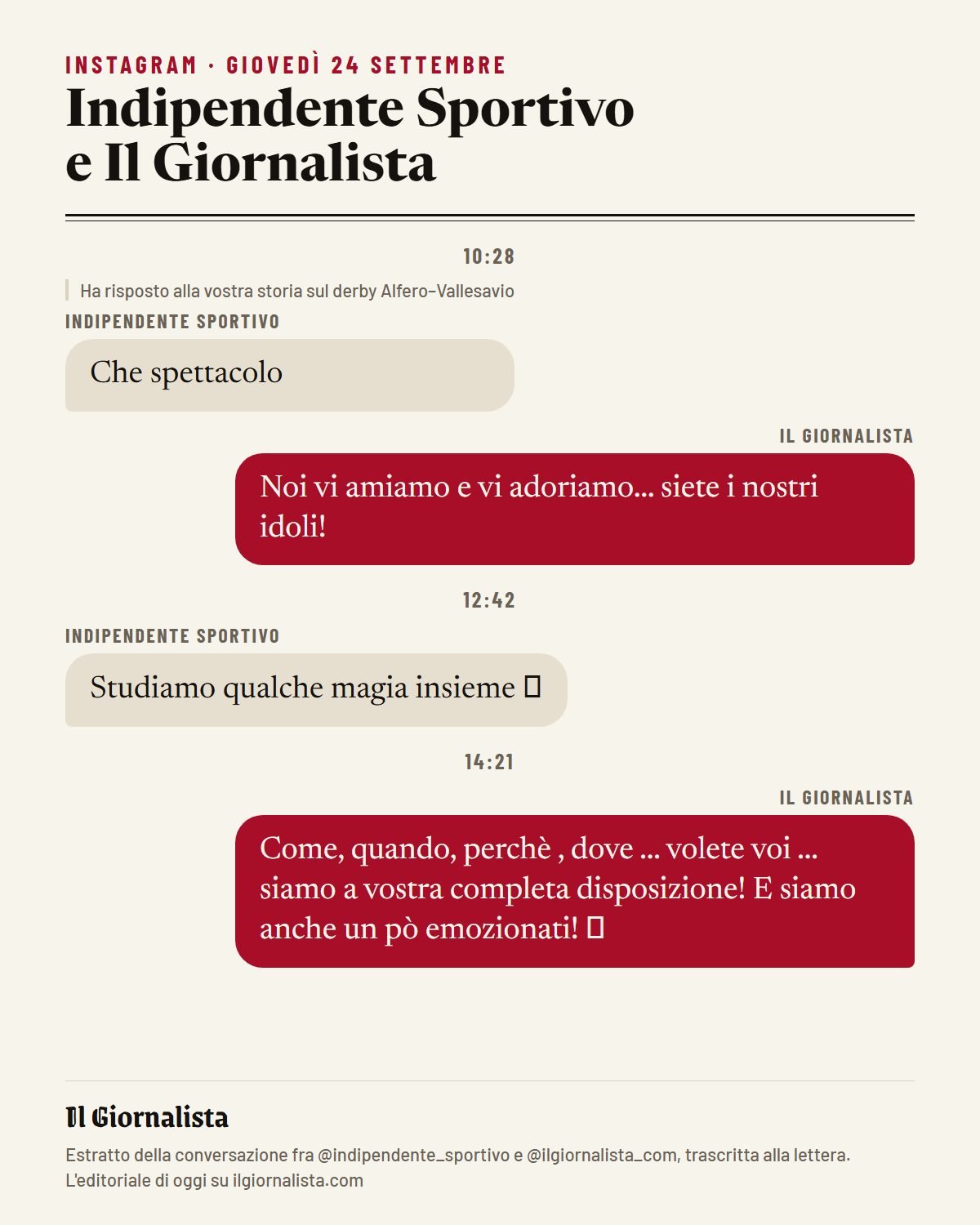 Instagram, 24 settembre 2026. Giovedì: «Che spettacolo» alle 10:28, «Studiamo qualche magia insieme» alle 12:42.
