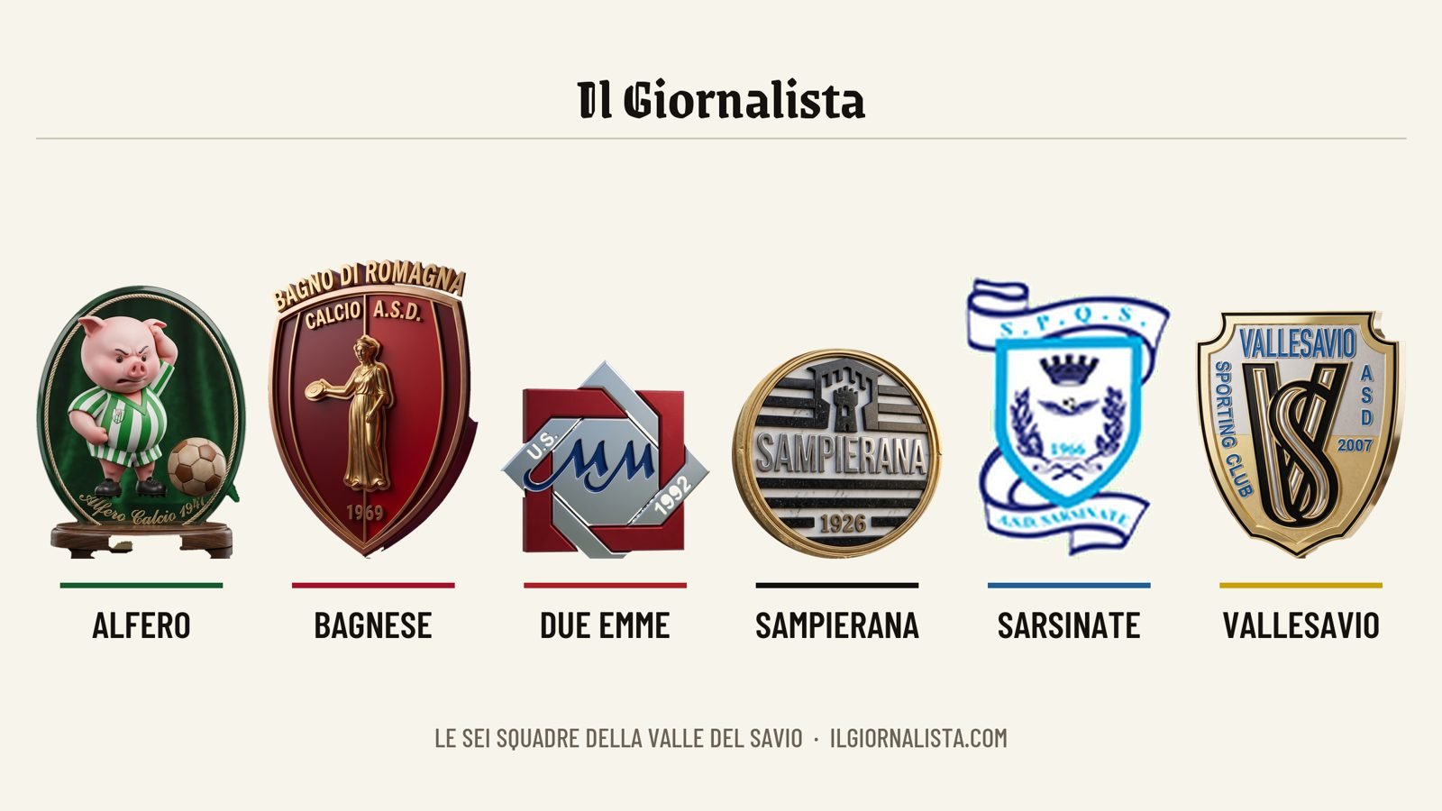 Alfero, Bagnese, Due Emme, Sampierana, Sarsinate, Vallesavio: la classifica le divide per punti, qui stanno in fila per alfabeto, una accanto all'altra, come la valle le mette in campo.